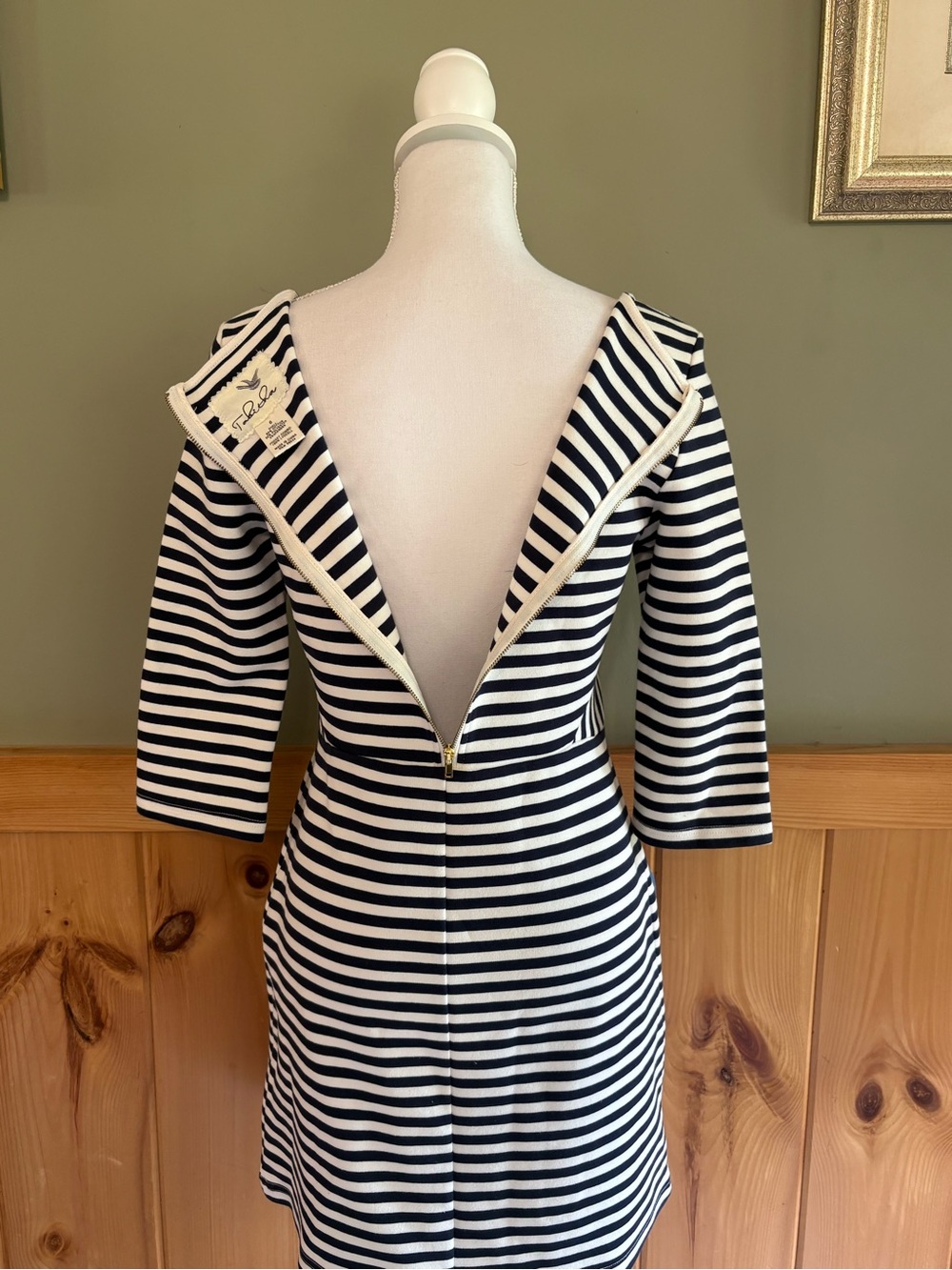 Tabitha Black and White Striped Midi Dress with Denim Patch Pockets - Picture 5 of 13